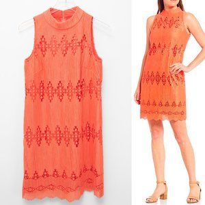 Alex Marie Shift Dress Midi Sleeveless Crochet Mock Neck Coral Orange Size 4 New